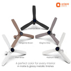 Five  three-blade indoor ceiling fans shown in different finish options: Cosmos Black, Tangerine Brown, Magma Grey, and Pixel White, with the Orient Electric logo in the top right corner.