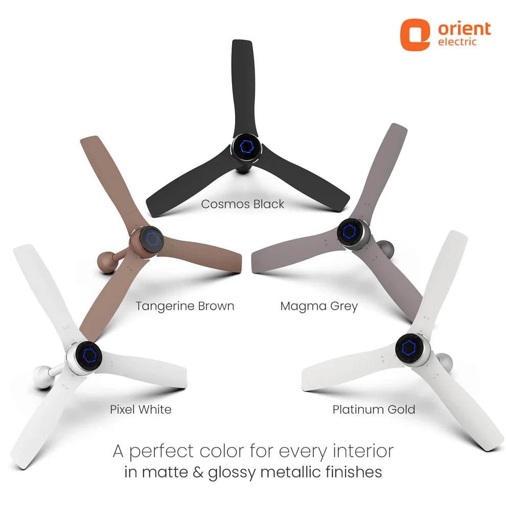 Five  three-blade indoor ceiling fans shown in different finish options: Cosmos Black, Tangerine Brown, Magma Grey, and Pixel White, with the Orient Electric logo in the top right corner.