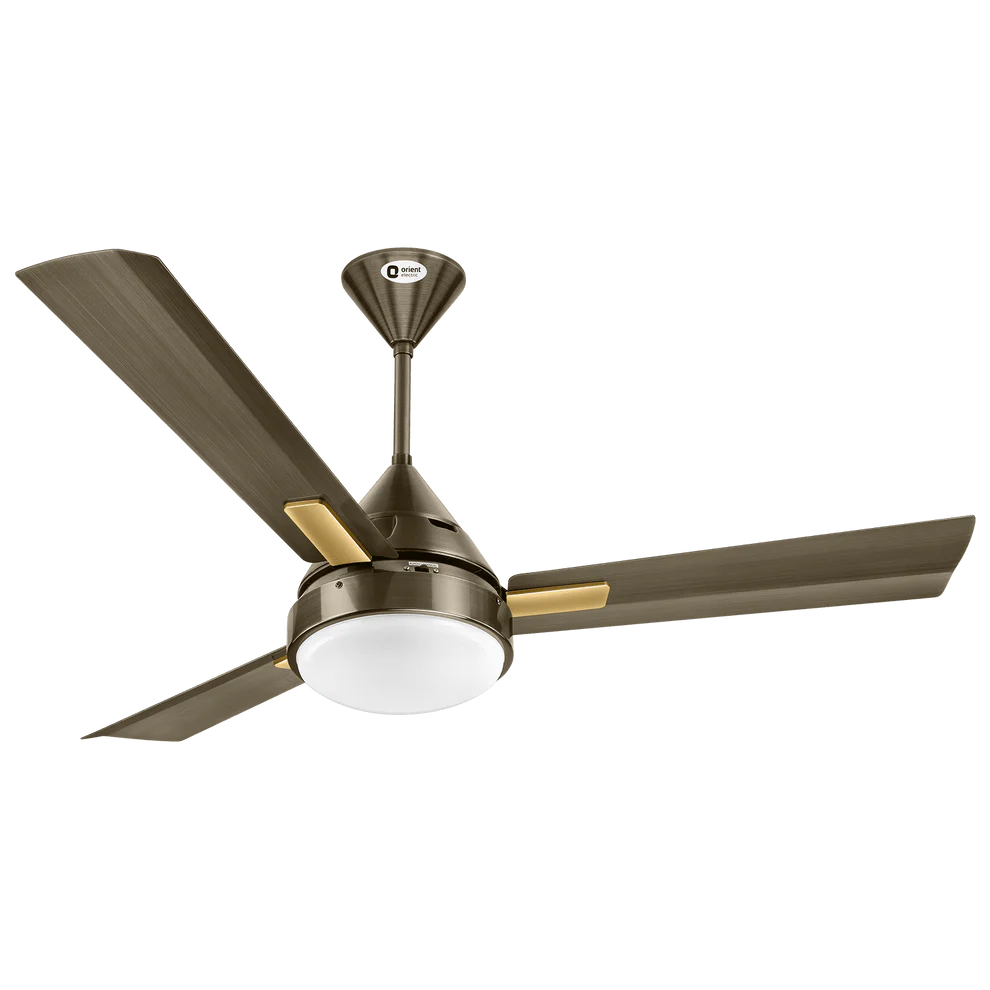 A modern 3-blade ceiling fan with a dark bronze finish and a white frosted globe light, shown against a plain white background.