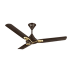 A three-blade ceiling fan in a dark brown finish with gold accents on the hub and blade edges, shown against a plain white background.