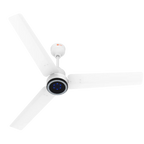 A modern three-blade ceiling fan in white, featuring a central hub with a circular black faceplate and a small red brand logo on the motor mount, shown against a solid white background.