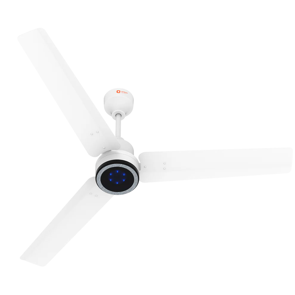A modern three-blade ceiling fan in white, featuring a central hub with a circular black faceplate and a small red brand logo on the motor mount, shown against a solid white background.