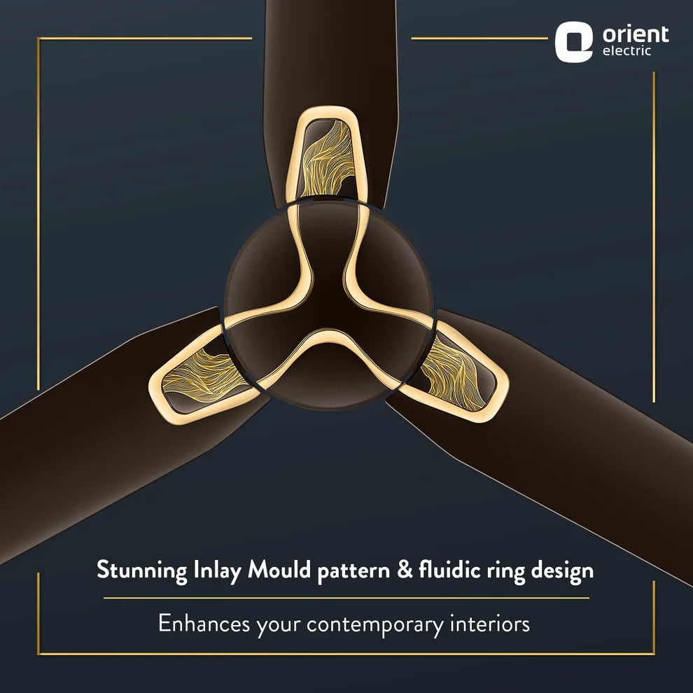 Decorative element with inlay mould pattern and fluidic ring design on a dark background, featuring Orient Electric logo.