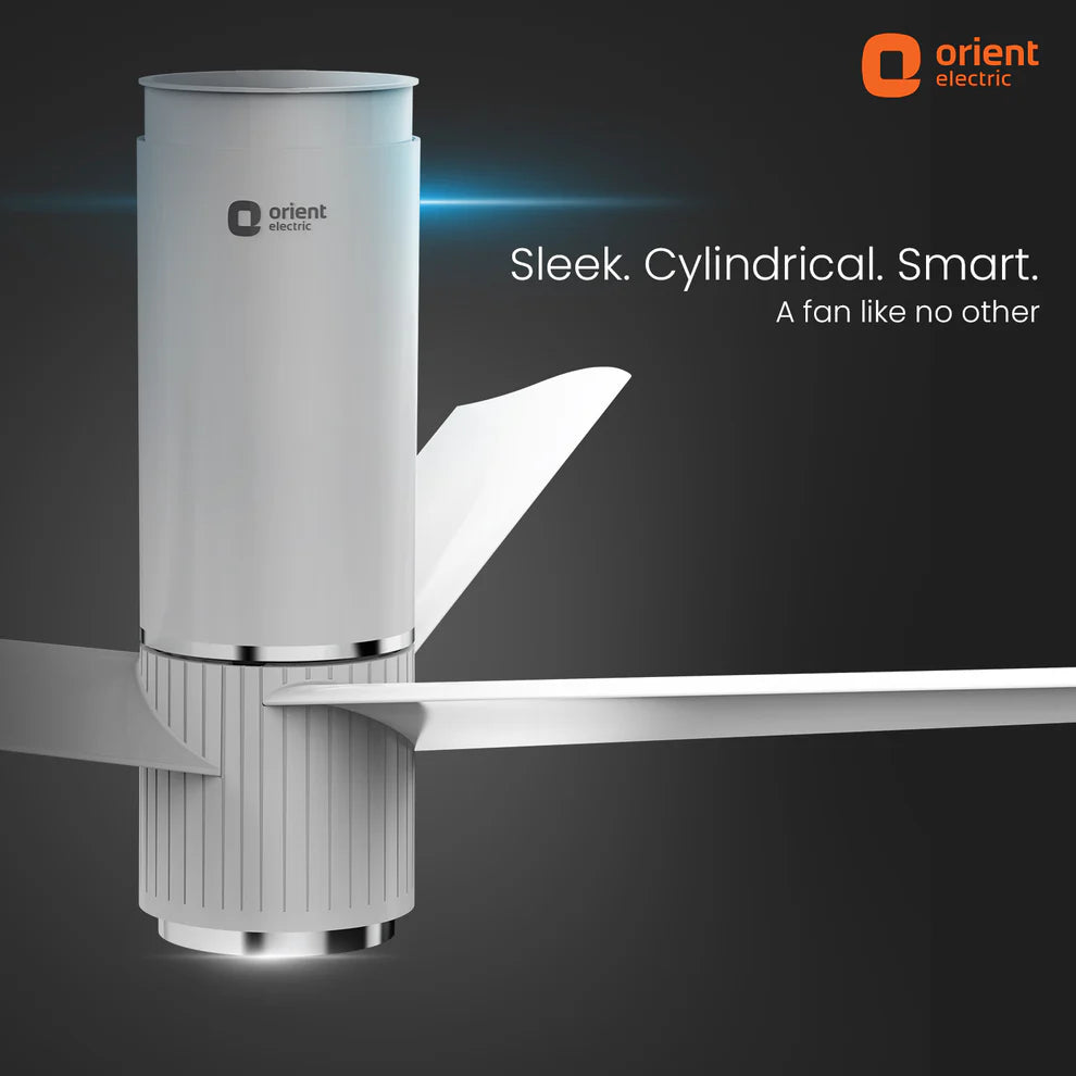 Orient Electric cylindrical fan on a dark background with brand logo and text.