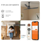Smart fan with IoT-enabled voice command and app-based control, shown in a living room setting.