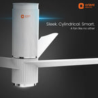 Ceiling fan with 'Orient Electric' branding on a dark background