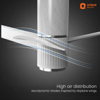 Orient Electric air distribution system with aerodynamic blades on a dark background
