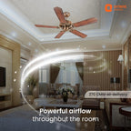 Living room with a ceiling fan and text about powerful airflow