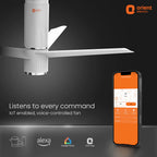 Orient Electric ceiling fan with smartphone app on a dark background