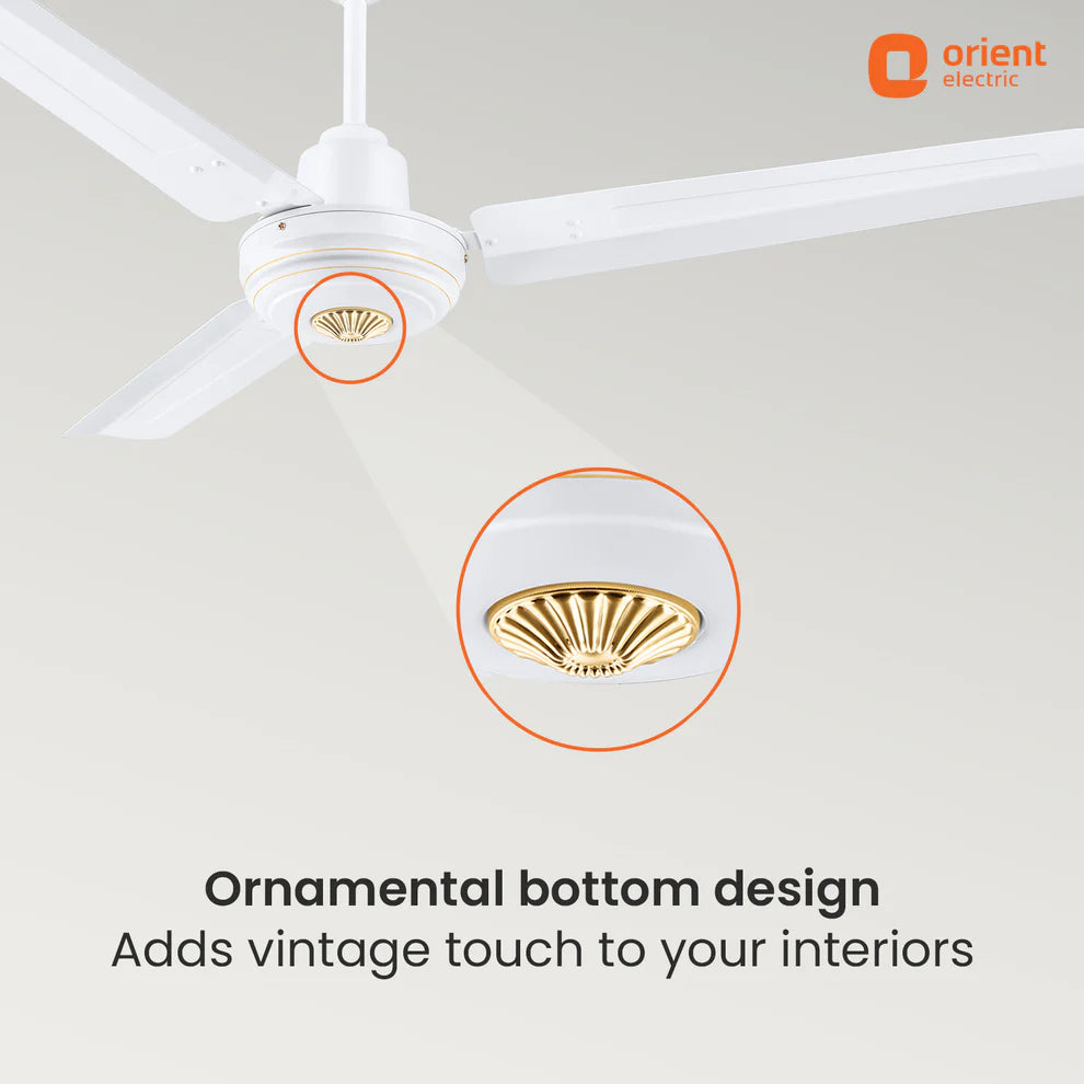 White ceiling fan with an illuminated decorative gold light fixture at the bottom, shown on a light gray background with product callout circles and text reading 'Ornamental bottom design' and 'Adds vintage touch to your interiors.' The Orient Electric logo appears in the top right.