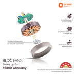 Orient Electric BLDC fan components with features and savings benefits on a white background