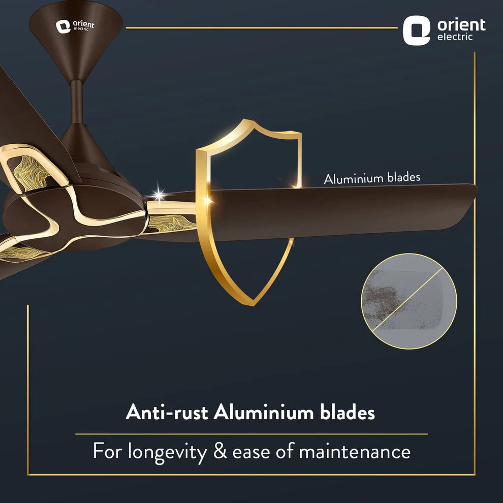 Orient Electric ceiling fan with anti-rust aluminium blades on a dark background
