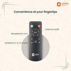 Black remote control with labeled functions on a light beige background, featuring the Orient Electric logo.