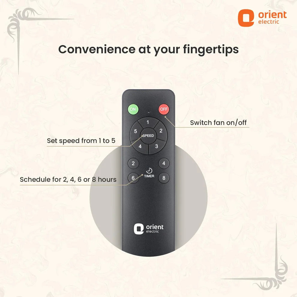 Black remote control with labeled functions on a light beige background, featuring the Orient Electric logo.