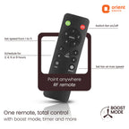 A black wireless remote control shown on a white background with callout lines and text explaining its features, including speed settings, schedule duration, timer, LED light, boost mode, and switch fan on/off. The Orient Electric brand logo appears in the top right.