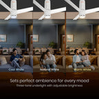 Ceiling fan with three different light color options in a living room setting.