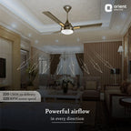 A modern ceiling fan with a brushed metal finish and three wooden blades, shown installed in a decorated living room. White graphic lines illustrate airflow patterns radiating from the fan, with text overlays highlighting '220 CMM air delivery' and '320 RPM motor speed'.