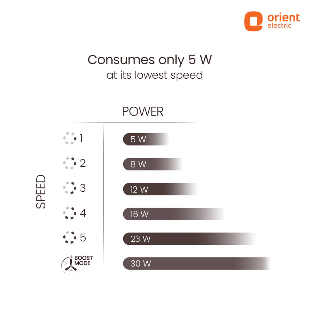 Power consumption chart for a device by Orient Electric, showing power usage at different speeds.