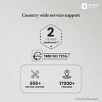 Promotional graphic for Orient Electric highlighting country-wide service support, featuring a 2-year warranty badge, a phone number, 650+ service centers, and 17000+ pincodes on a light gray background.