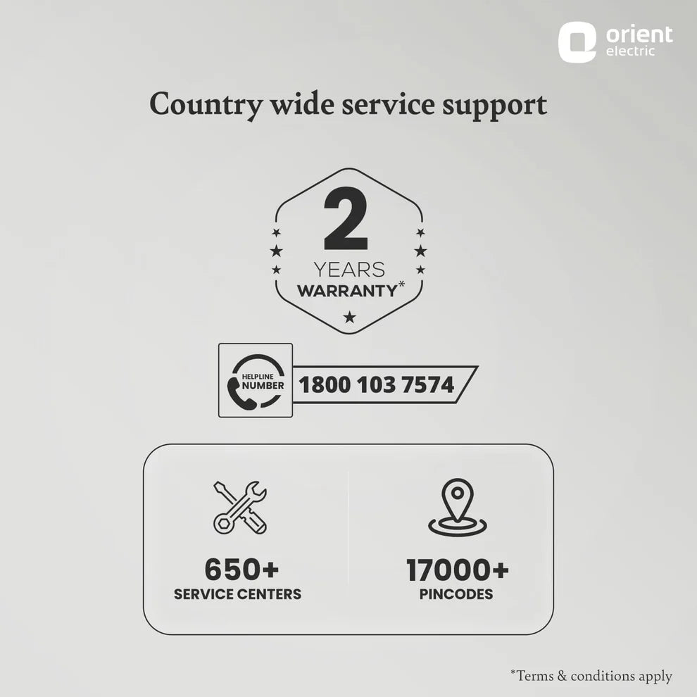 Promotional graphic for Orient Electric highlighting country-wide service support, featuring a 2-year warranty badge, a phone number, 650+ service centers, and 17000+ pincodes on a light gray background.