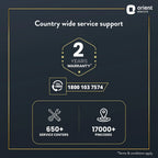 Orient Electric service support information with warranty, contact number, service centers, and pincodes on a dark background.