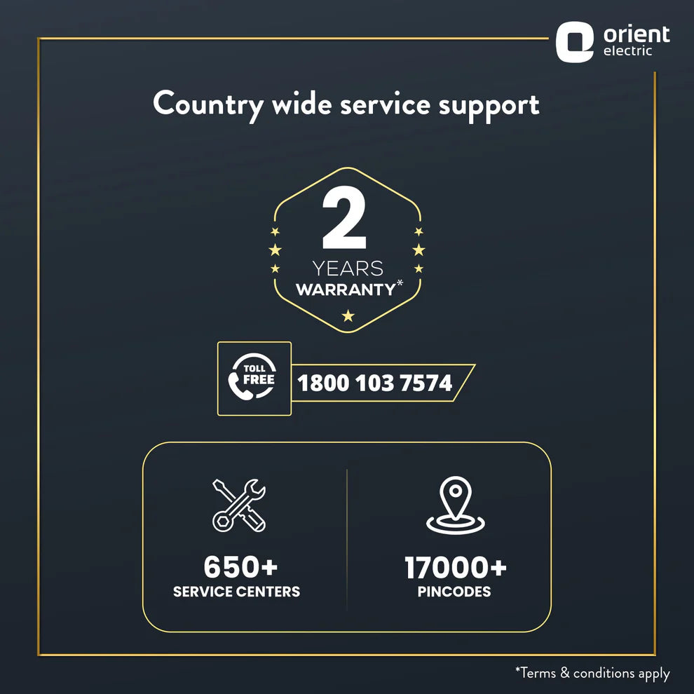 Orient Electric service support information with warranty, contact number, service centers, and pincodes on a dark background.