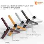 Four Orient Electric cooling fan models shown in different finish options: Brown, Oak Wood, Glacier Grey, and White, with labels indicating the materials. The brand logo 'orient electric' is visible in the top right corner.