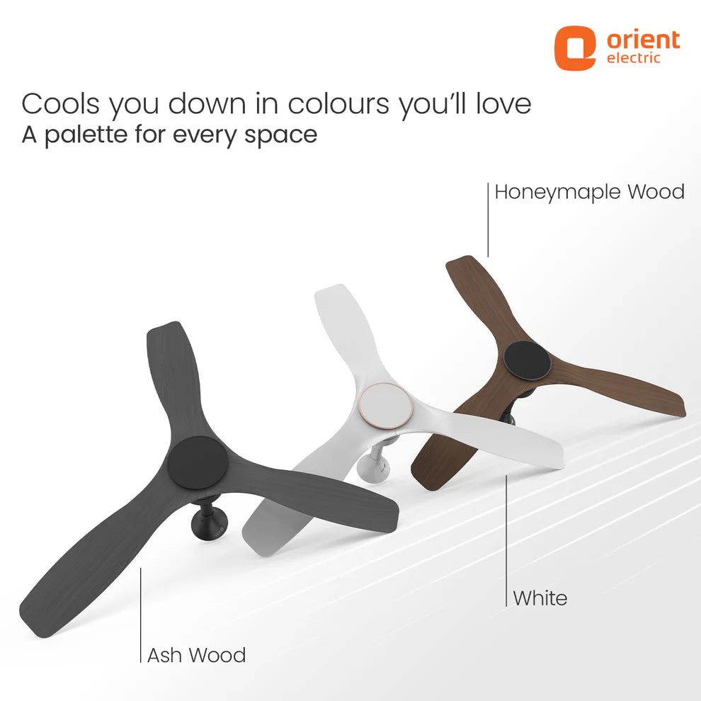 Three ceiling fans in different colors with 'Orient Electric' branding.