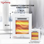 Infrared heater with dimensions and safety features highlighted, branded 'Lifelong'.