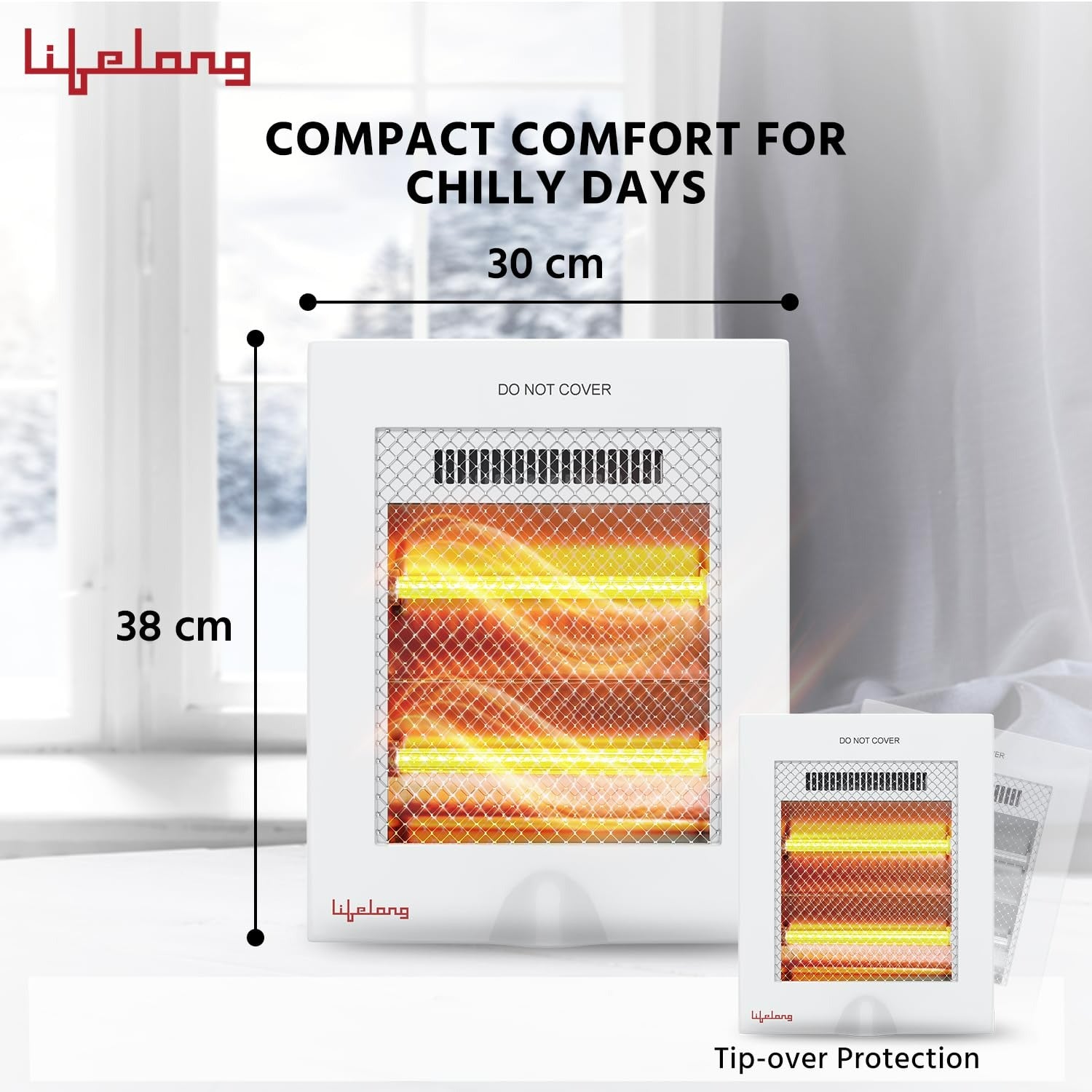 Infrared heater with dimensions and safety features highlighted, branded 'Lifelong'.