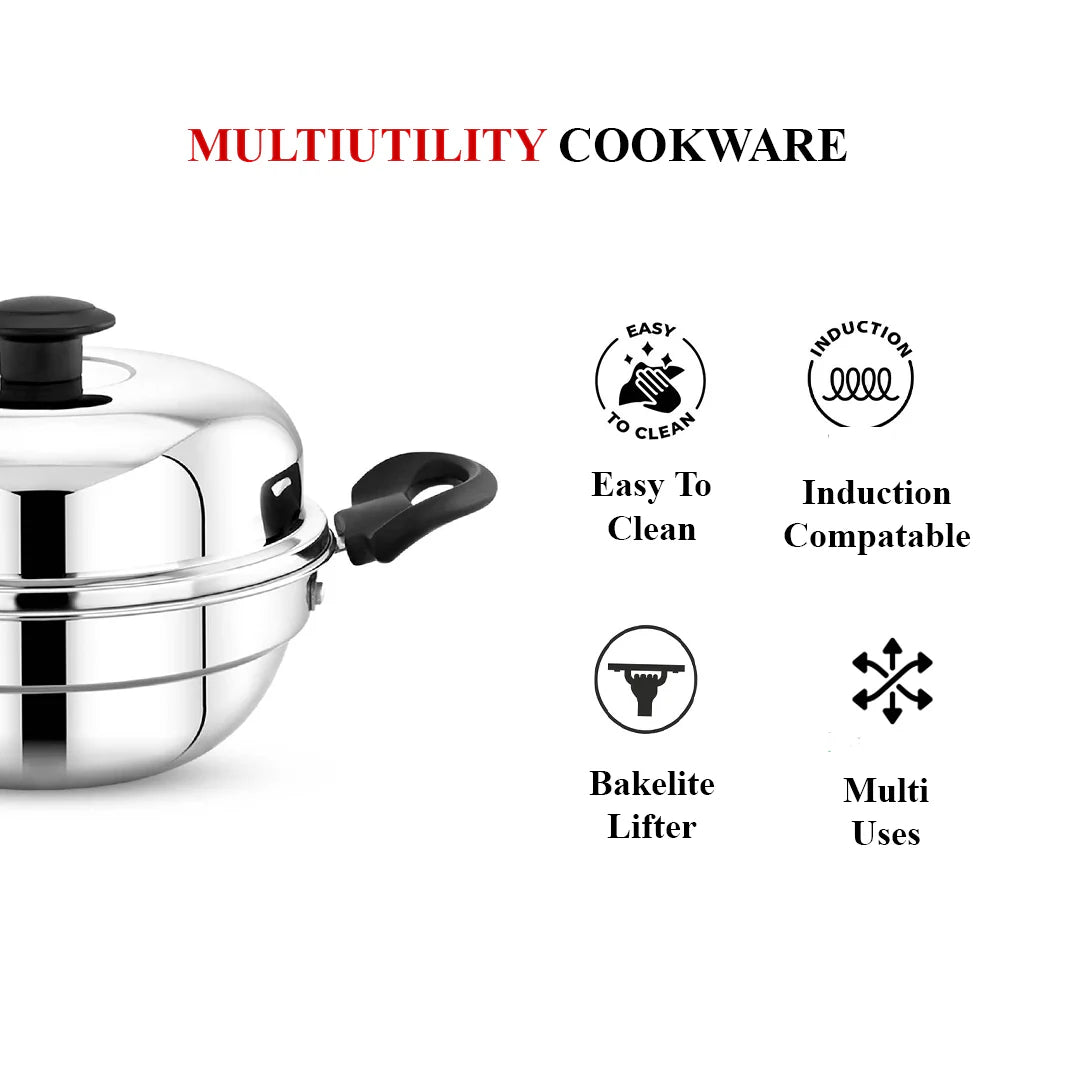 Maxima Triply Stainless Steel Multi Kadai 28cm (Induction Friendly)