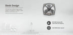 A sleek kitchen fan with a hexagonal design, shown on a light gray background with text describing its features, including 300 MM sweep, 1290 CMH air delivery, and 1300 RPM motor speed.