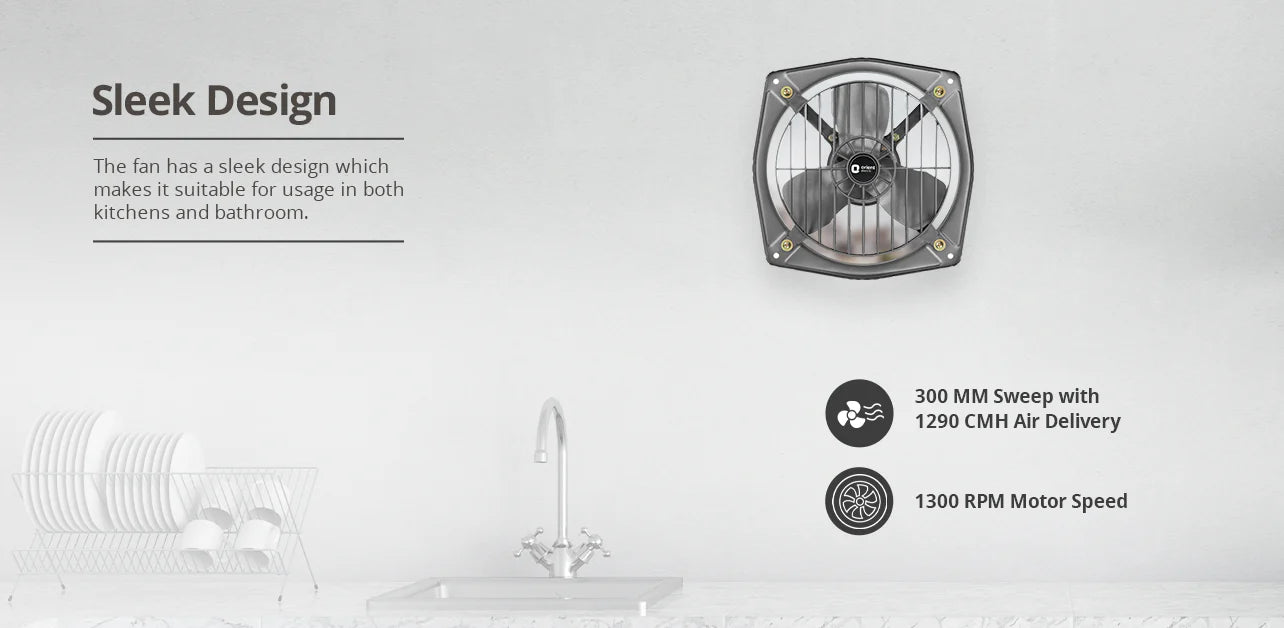 A sleek kitchen fan with a hexagonal design, shown on a light gray background with text describing its features, including 300 MM sweep, 1290 CMH air delivery, and 1300 RPM motor speed.