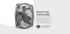 A square metal fan with a black front guard and silver frame, shown on a light gray background with text describing it as easy-to-use and durable.
