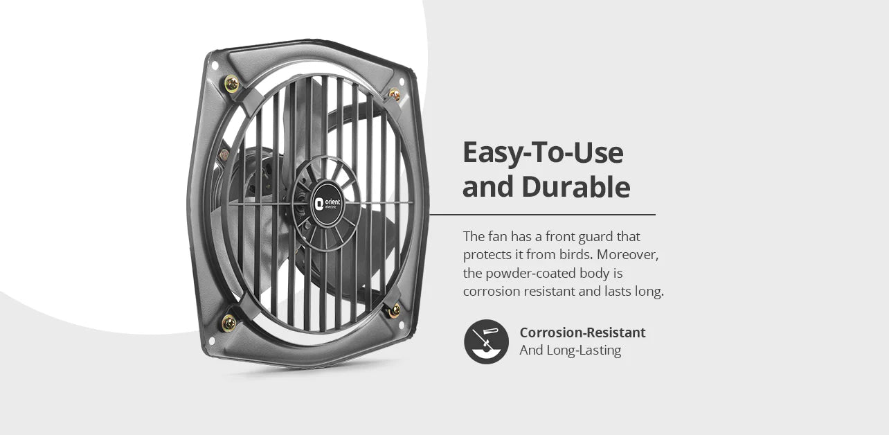 A square metal fan with a black front guard and silver frame, shown on a light gray background with text describing it as easy-to-use and durable.