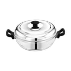 MAXIMA Triply Stainless Steel Casserole with matching lid, mirror-finish body, dual heat-resistant side handles, and durable triply construction for even heat distribution and everyday cooking.
