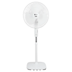 A white pedestal electric fan with a circular fan head, adjustable neck, and flat square base, shown against a plain white background.