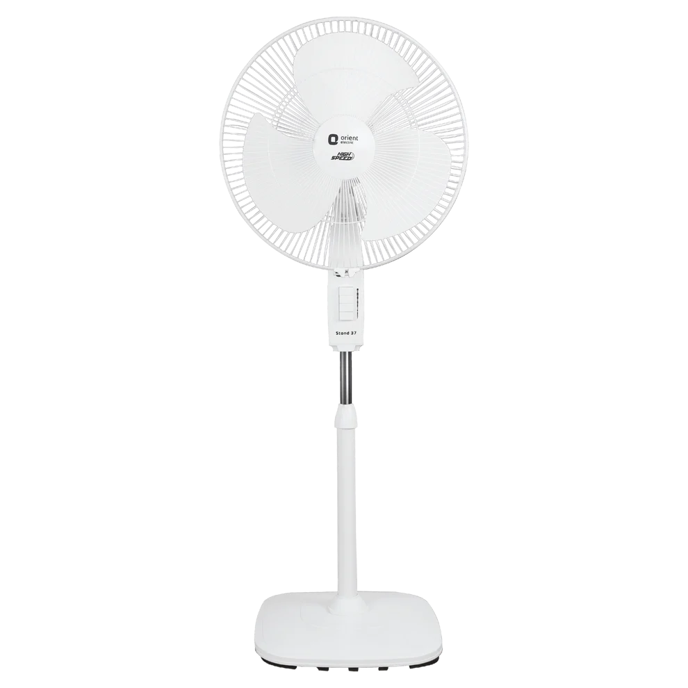 A white pedestal electric fan with a circular fan head, adjustable neck, and flat square base, shown against a plain white background.
