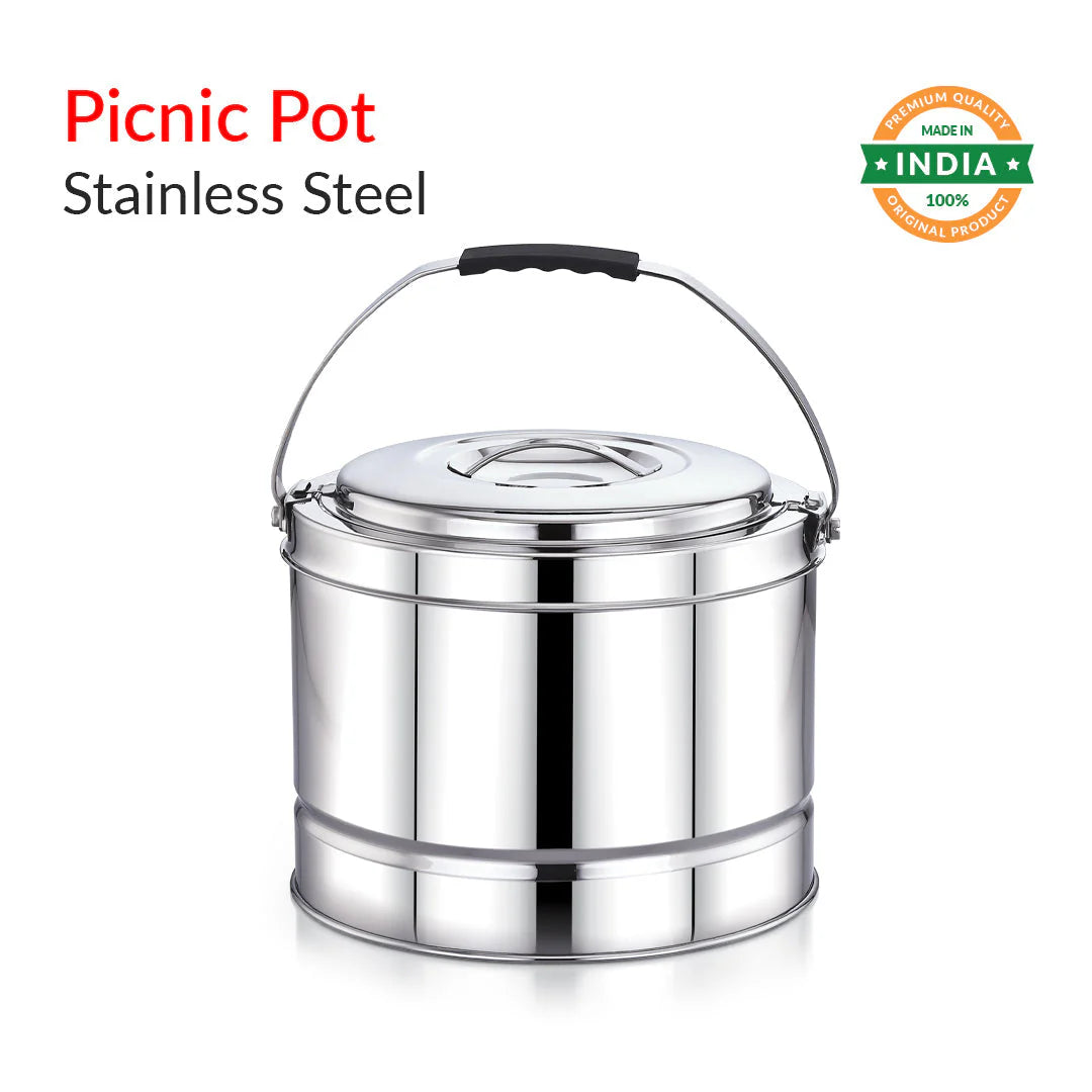 MAXIMA Triply Stainless Steel picnic hot pot with matching lid, mirror-finish body, dual heat-resistant side handles, and durable triply construction for even heat distribution and everyday cooking.
