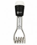 Orient Electric Hear Prime IN1011 1000W immersion heater rod featuring a full front view, close-up of the shock-proof handle, and angled view with power cord and 2-pin plug. The heater rod has a durable stainless steel heating element, black ergonomic handle, and is designed for fast, safe, and efficient water heating.