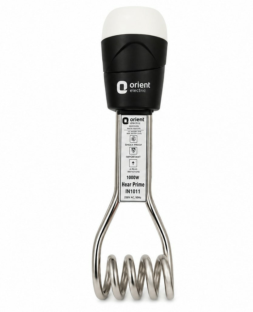 Orient Electric Hear Prime IN1011 1000W immersion heater rod featuring a full front view, close-up of the shock-proof handle, and angled view with power cord and 2-pin plug. The heater rod has a durable stainless steel heating element, black ergonomic handle, and is designed for fast, safe, and efficient water heating.