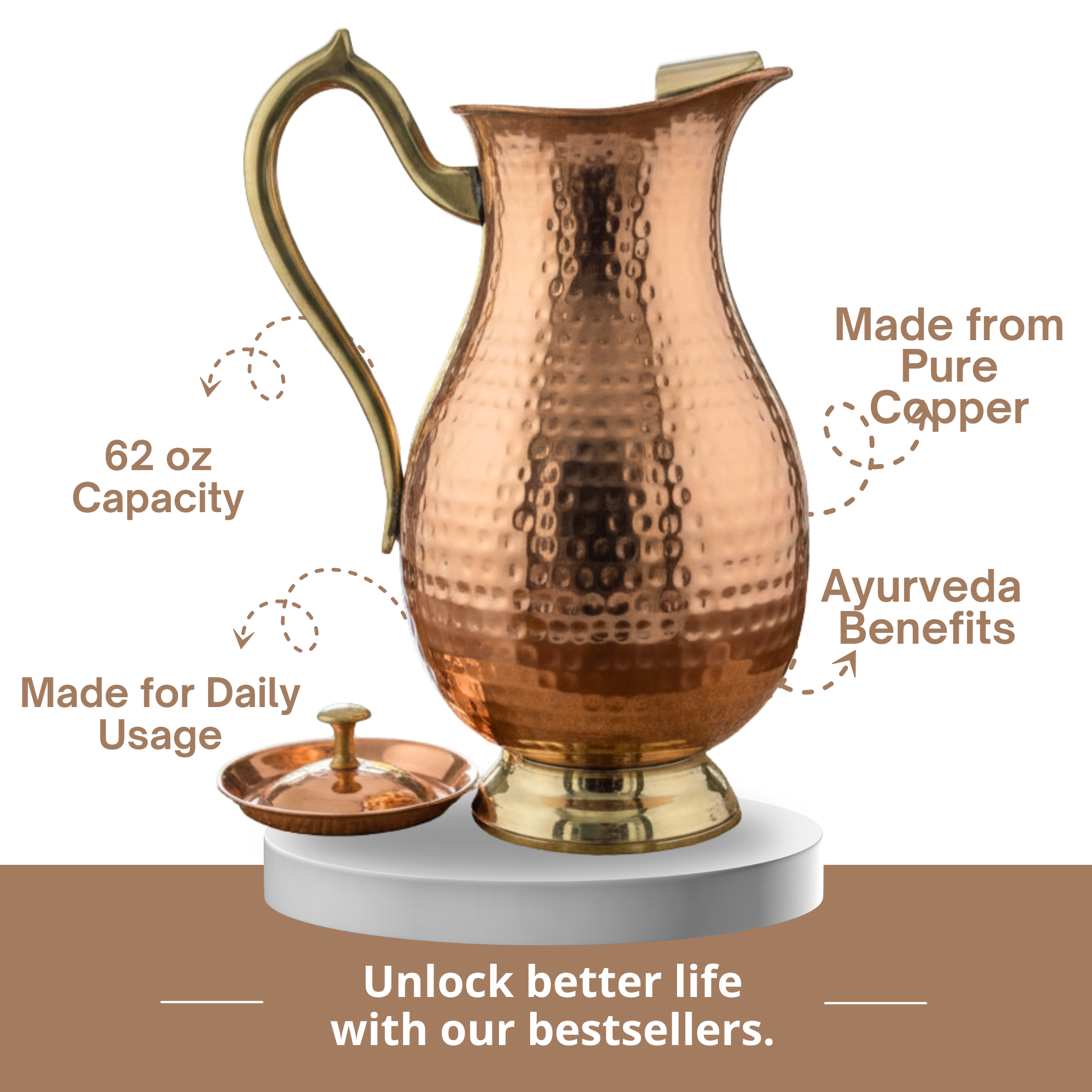 Handcrafted 2L Pure Copper Water Pitcher with Brass Handle