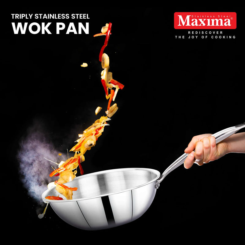 Maxima Triply Stainless Steel Wok Pan with Lid 24 cm (Induction Friendly)