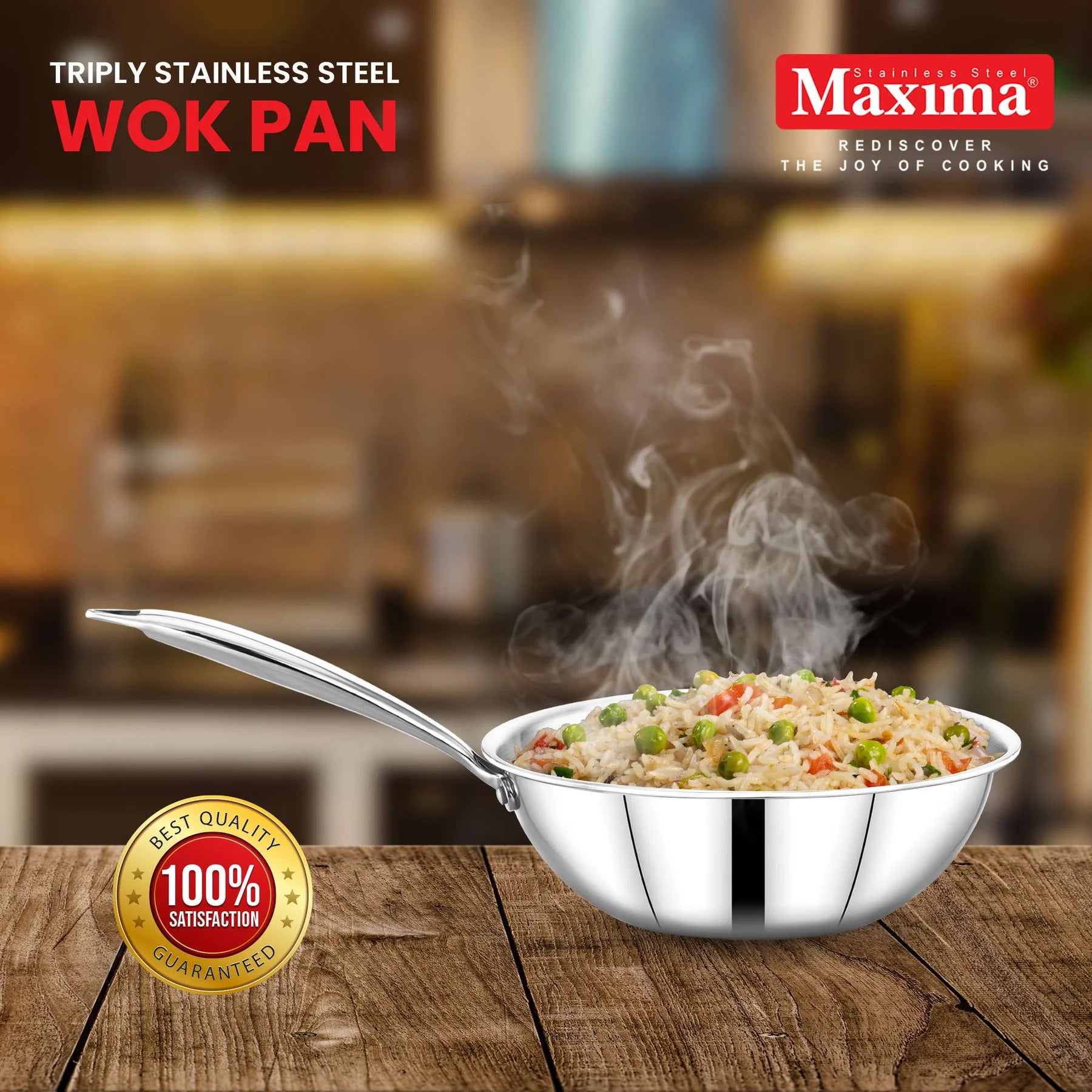 Maxima Triply Stainless Steel Wok Pan with Lid 22cm  (Induction Friendly)