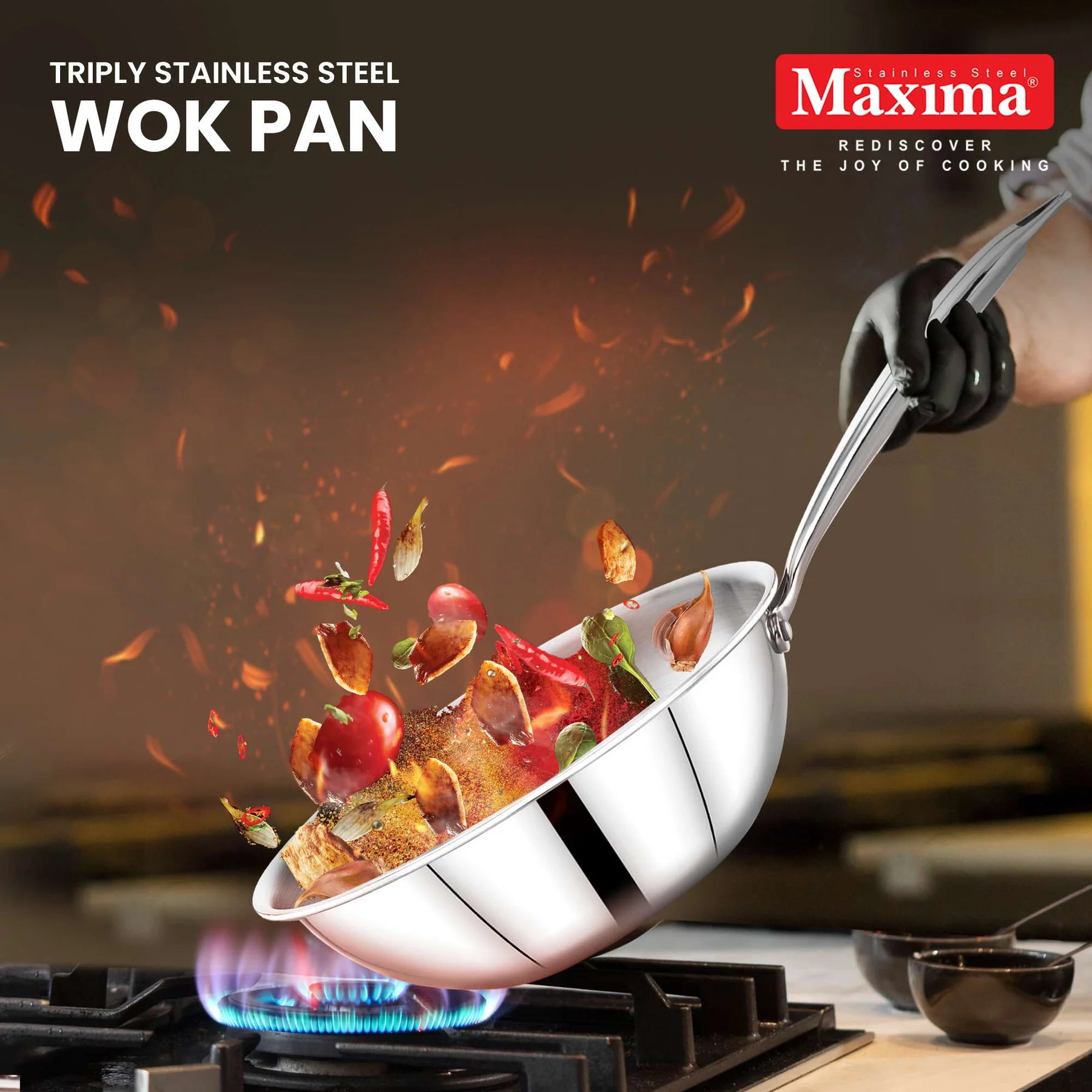Maxima Triply Stainless Steel Wok Pan with Lid 22cm  (Induction Friendly)