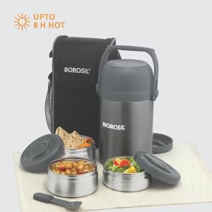 Borosil insulated lunch box set featuring a grey thermos-style container with handle, two stainless steel food containers with lids, a spoon, and a carrying bag, designed to keep food hot for up to 8 hours.