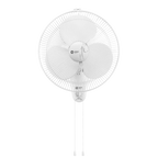 A white wall-mounted electric fan with three blades, a protective wire grille, and a hanging cord, shown against a plain white background.