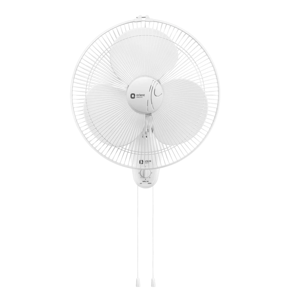 A white wall-mounted electric fan with three blades, a protective wire grille, and a hanging cord, shown against a plain white background.