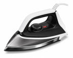 GM Alpha Dry Iron in white and black finish featuring a non-stick soleplate, adjustable temperature control dial, ergonomic handle, and durable cord, designed for efficient wrinkle removal and smooth ironing of various fabrics.