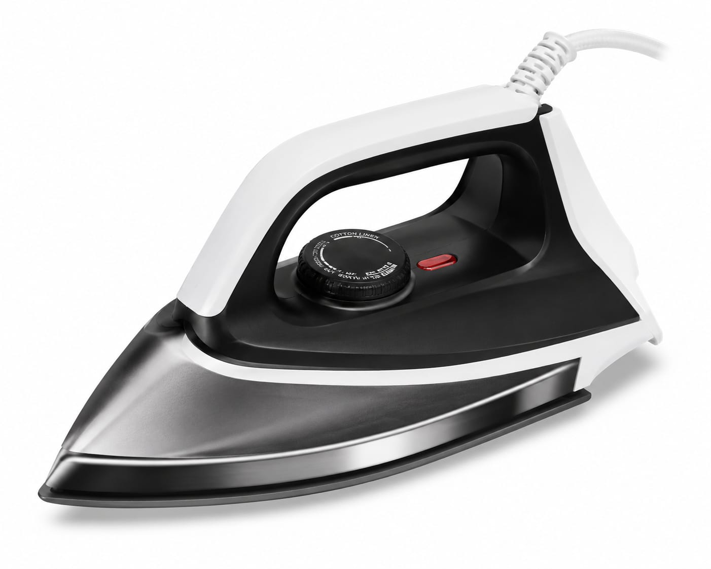 GM Alpha Dry Iron in white and black finish featuring a non-stick soleplate, adjustable temperature control dial, ergonomic handle, and durable cord, designed for efficient wrinkle removal and smooth ironing of various fabrics.